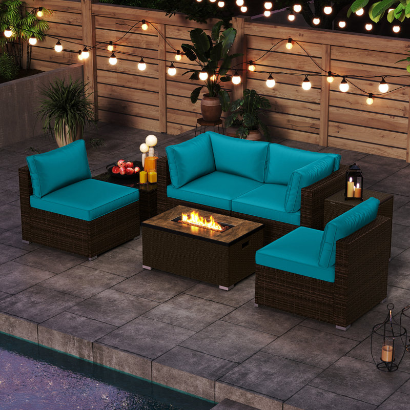 7 Pieces Outdoor Furniture Set with Fire Pit Table and Propane Tank Cover Black, Turquoise
