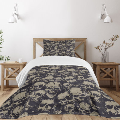 Ambesonne Skull Bedspread Set 2 Pcs Grunge Scary Evil Twin Charcoal Grey Tan -  bed_36540_twin