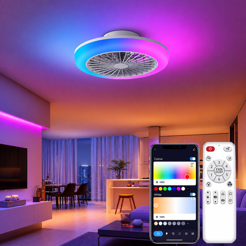 Ventilateur de plafond sans lame 18 "avec lumière, ventilateur de plafond RVB à profil bas pour moteur CC silencieux à 6 vitesses pour chambre d'enfant, télécommande et contrôle d'application