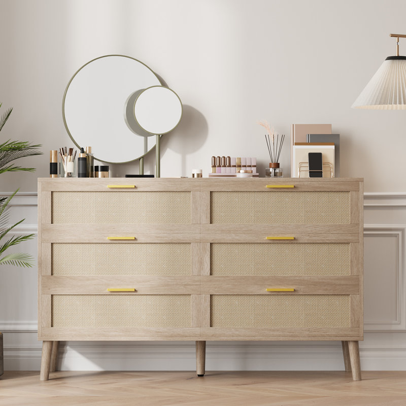 6 Drawer Dresser. 47 Inch Natural Rattan Chest of Drawer. Large Wooden Dresser with 5  Wood Legs. Farmhouse Dresser for Bedroom. Living Room. Entryway. Natural Oak