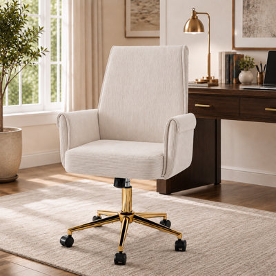 Modern Corduroy Office Chair with Wheels, Upholstered Swivel Desk Chair with Gold Metal Base, Adjustable Height Mid Back Vanity Chair with Lumbar Support for Home Office Bedroom Study