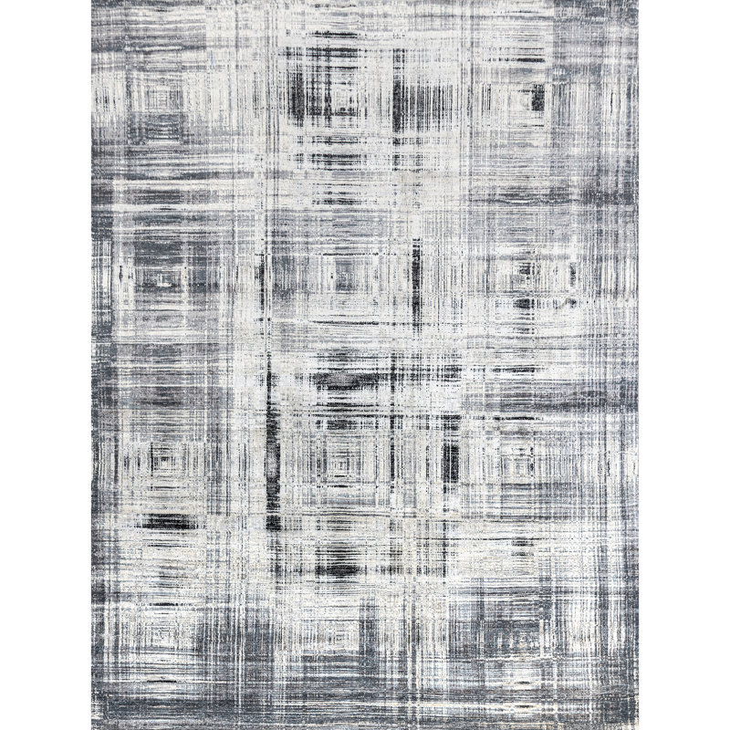 Hand Knotted Abstract Area Rug in Black/White/Gray, Rectangle 10' x 14'