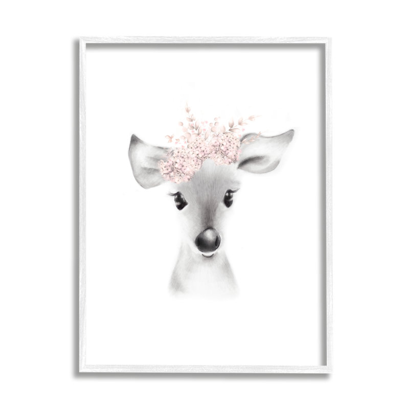 Gupton Fluffy Deer Flowers Art, Giclée encadrée blanc bord de mer, H 30 po x l 24 po