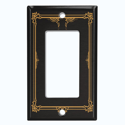 Metal Light Switch Plate Outlet Cover (Vintage Intricate Damask Yellow Frame Black - Single Toggle)