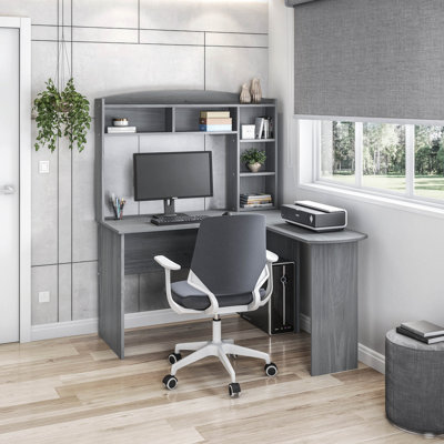 Desk,Modern L-Shaped Desk With Hutch, Grey