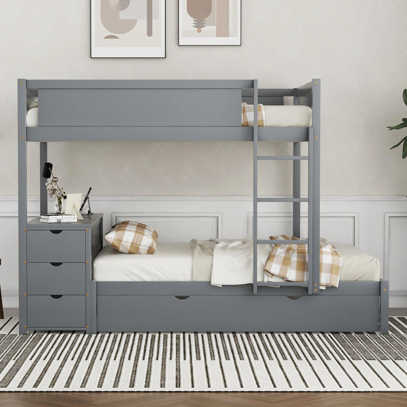 Lit superposé double avec lit gigogne simple, rangement et bureau, gris, Gris