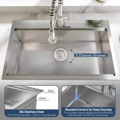 Idealhouse 558.8mm W Single Bowl Stainless Steel Drop-In Kitchen Sink with 1 Faucet Hole