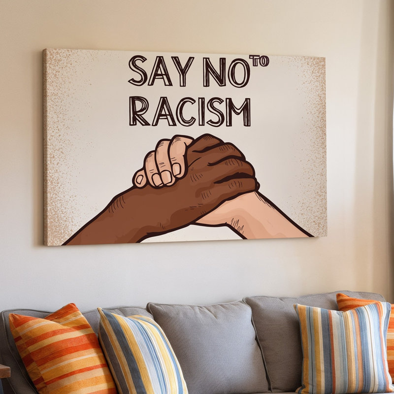 La toile crée une illustration mettant en vedette deux mains jointes l'une avec l'art mural, une riche teinte de peau brune et l'autre avec un art mural sur toile