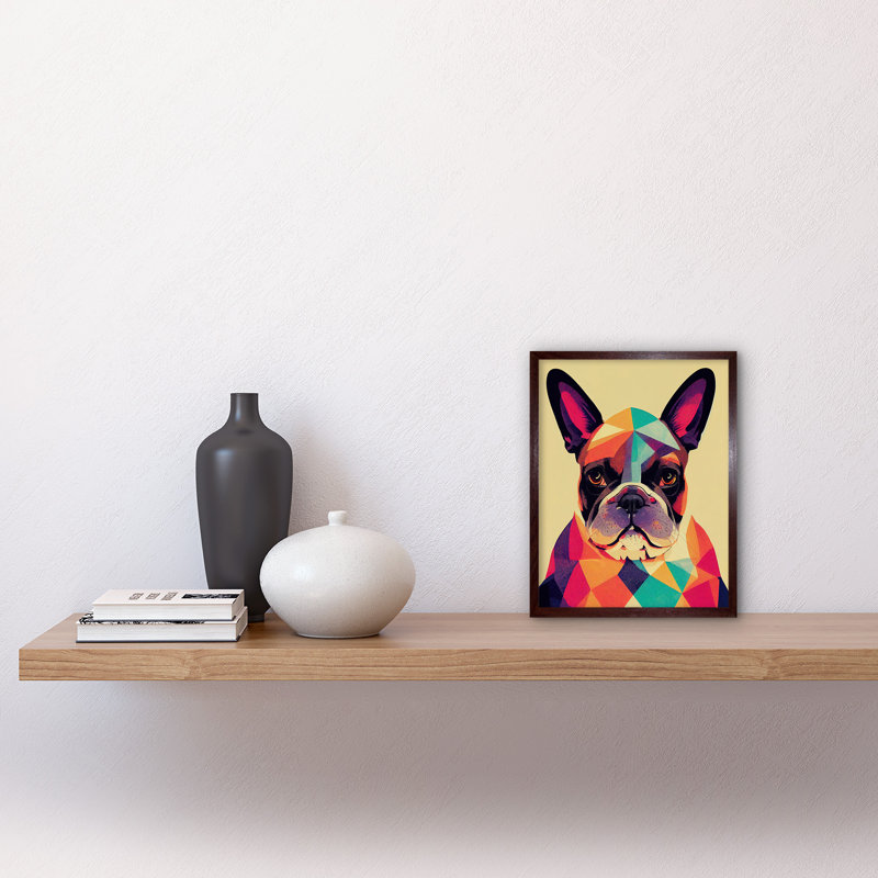 Vibrant Colourful Geometric French Bulldog - Print, Brown Framed Paper, 25.9cm H x 20.6cm W x 1.5cm D