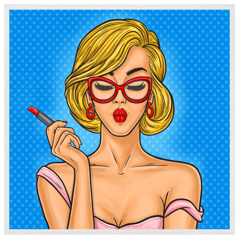 Inniswold Pop Art Illustration Woman Paints Her Lips - Single Picture Frame Print, 76cm H x 76cm W x 4cm D, White Framed