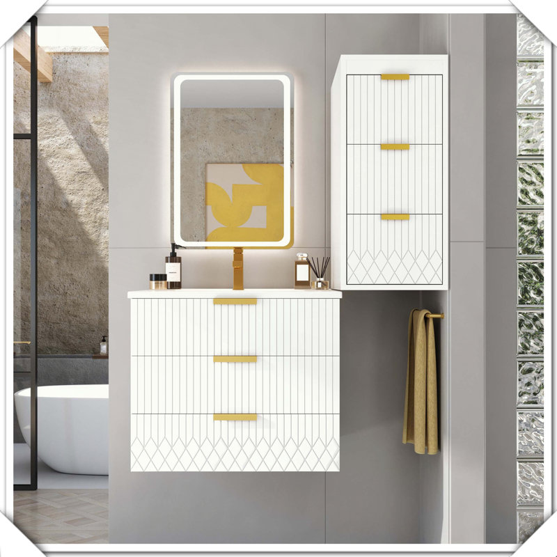 Meuble-lavabo flottant mural moderne avec lavabo en céramique, Blanc