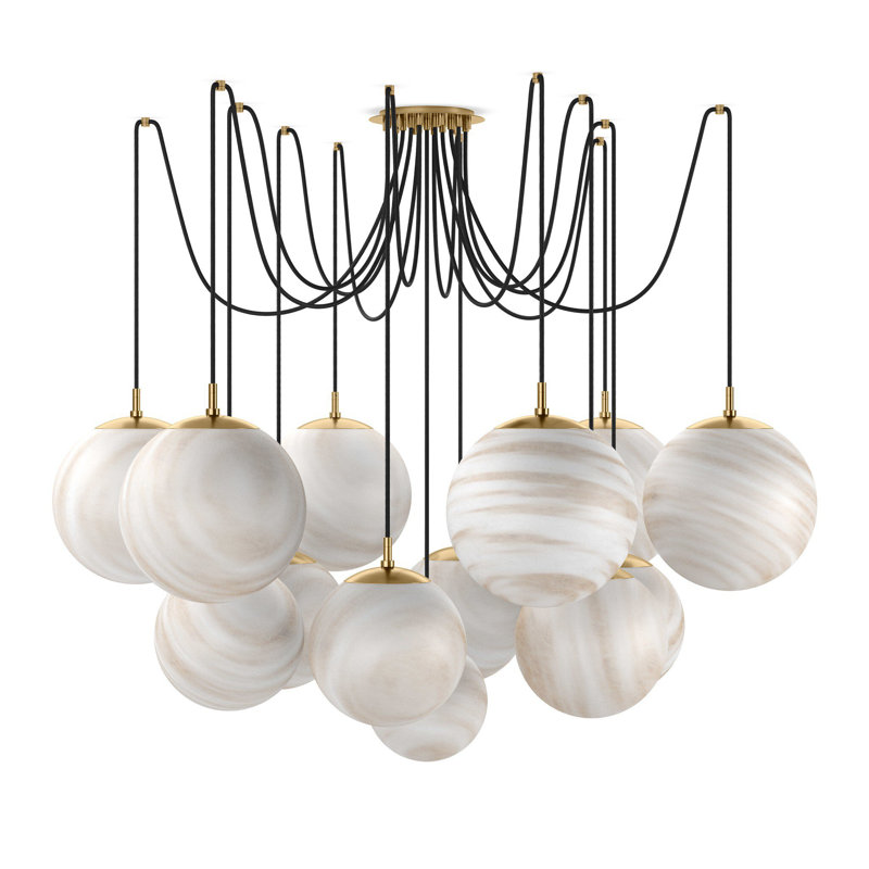Spider 13 - Light LED Chandelier, Marbled Matte Glass, Burnished Brass