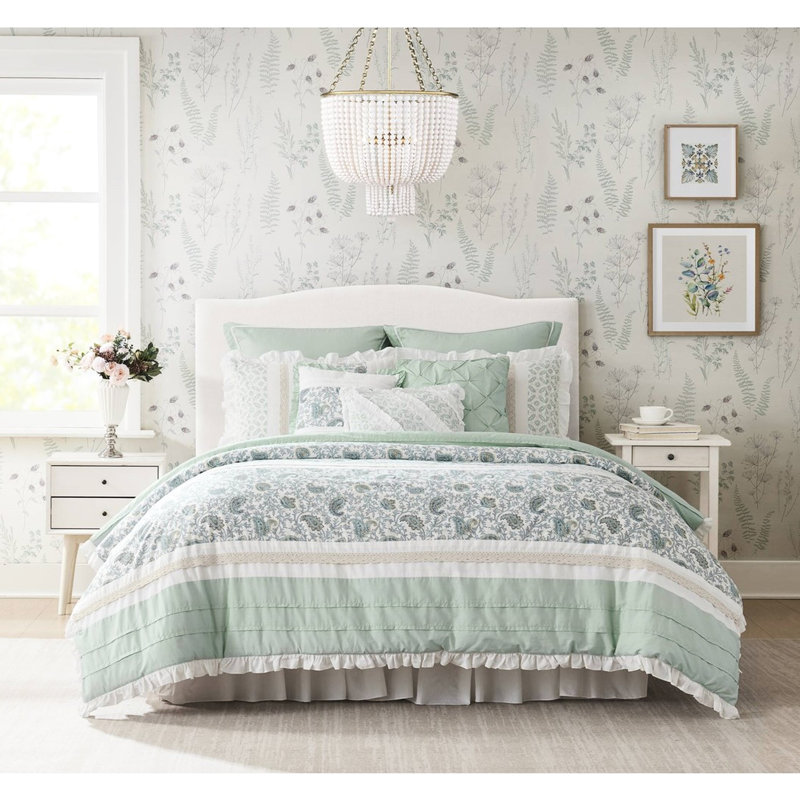 9 Piece Cotton Comforter In King - Bedroom Decoration With Lace Includes Comforter, , 2 Shams, Euro And 3 Decorative Pillows Elegant Decor Pieced Printed Fabrics Ornamental