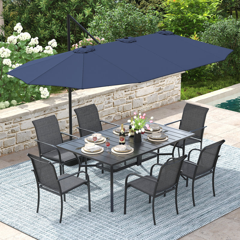Ensemble repas d'extérieur rectangulaire pour 6 personnes avec parasol et chaises empilables, Noir, noir, bleu