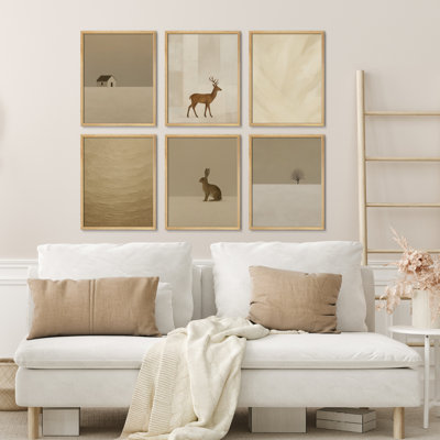 Minimal Neutral Winter Landscape Framed Wall Art Prints Set of 6 - Deer Rabbit Cabin and Textured Beige Scenes for Living Room Bedroom