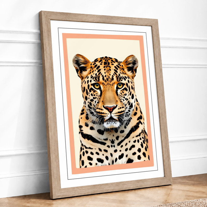 Leopard's Steady Gaze Modern - Framed Print, A2 - 59.4 x 42.0 cm, Oak