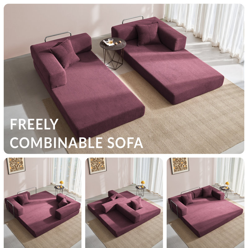 Folding Sofa Bed 160cm King Size, Convertible Modular Sofa, Corduroy Boneless Couch with Metal Frame, Wine