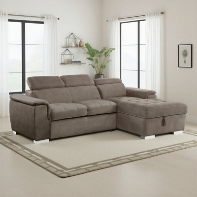 Caisse 98" Modern & Contemporary Microfiber 2-Piece Sectional Sofa with Integrated Pull-Out Sleeper Bed, Adjustable Headrests & Hidden Storage Chaise