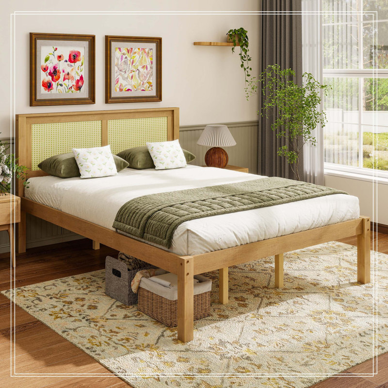 Grand lit plateforme en bois massif avec tête de lit en rotin, cadre de lit bohème de style campagnard, rangement sous le lit, aucun sommier nécessaire, bois naturel