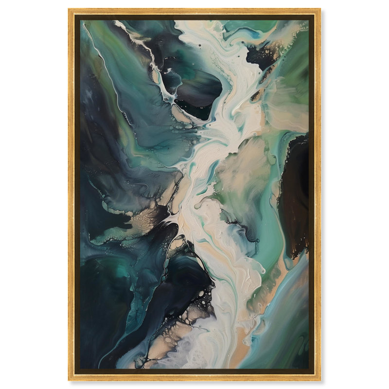 «Sage River Blue», art mural abstrait par Art Remedy, Encadrement doré, H 46 po x l 31 po