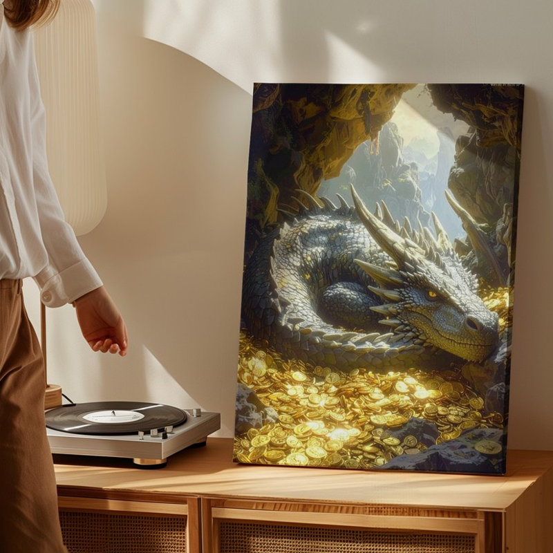 Art mural sur toile majestueux Dragon avec trésor, H 16 po x l 20 po