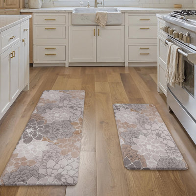 Tapis de cuisine antidérapants et lavables (lot de 2), imperméables et rembourrés, anti-fatigue, motif floral, pour buanderie, évier, bureau, maison, 44 x 119 cm + 44 x 76 cm, gris taupe