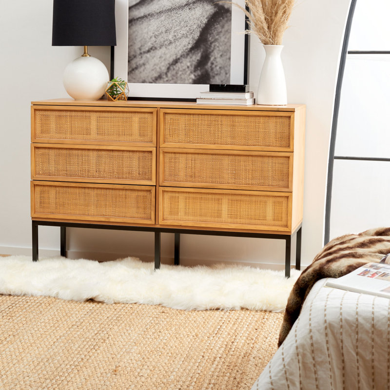 Prudhoe 54'' W 6 - Drawer Dresser, Black/Natural With Natural Rattan