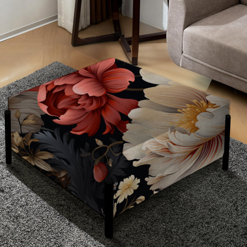 Grand repose-pieds carré blanc avec pivoines blanches et roses