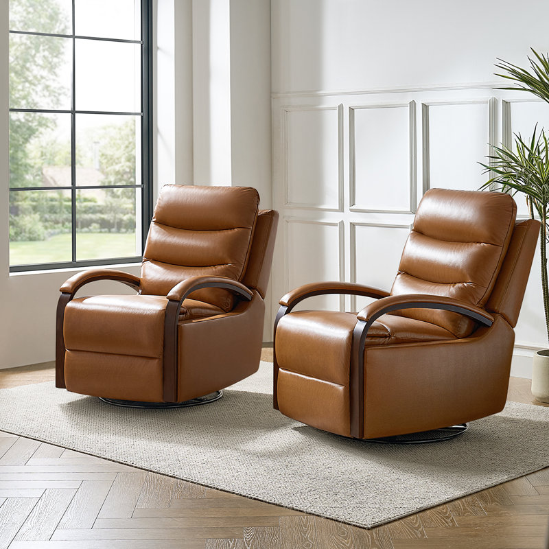 Azilda 29" Wide Genuine Leather Manual Swivel Rocking Standard Recliner, Camel