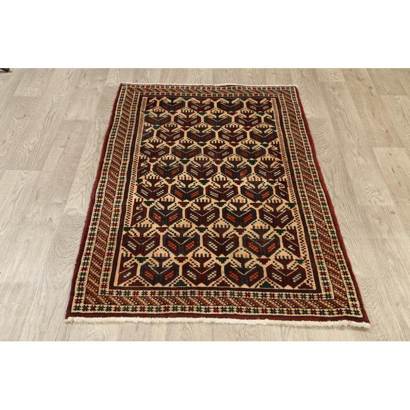 Tapis ivoire / rouge en laine noué à la main de conception unique 3 pi 1 po x 4 pi 11 po Aksha