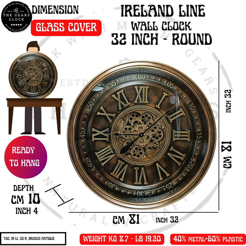 THE GEARS CLOCK Wall Clock with Real Moving Gears IR-LI_ 32 in Round "DUBLIN" BRONZE-ANTIQUE, Bronze Antique