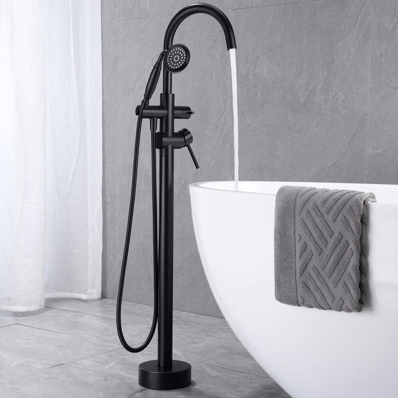 Robinet de baignoire autoportant en noir mat - Conçu pour la longévité avec un robinet de baignoire en laiton fixé au sol et une poignée de douche