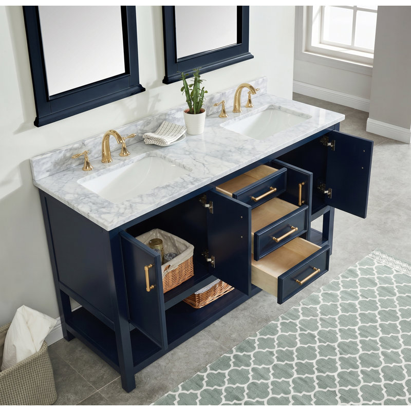 Meuble-lavabo double 60 po avec plateau en marbre Paulene, Bleu marine, Premium Marble