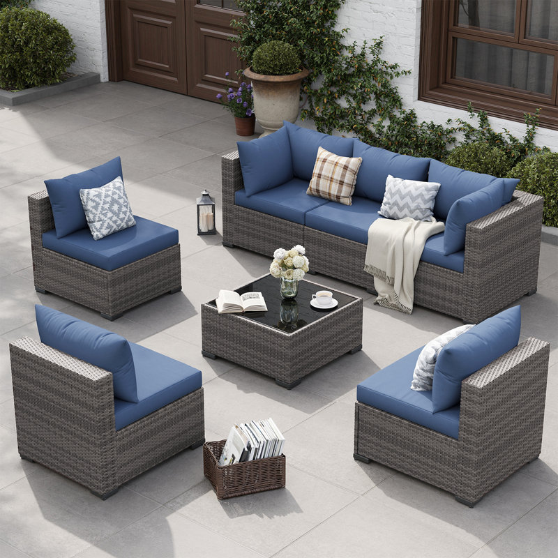 7 Piece Patio Conversation Set With Coffee Table And Cushions, Navy