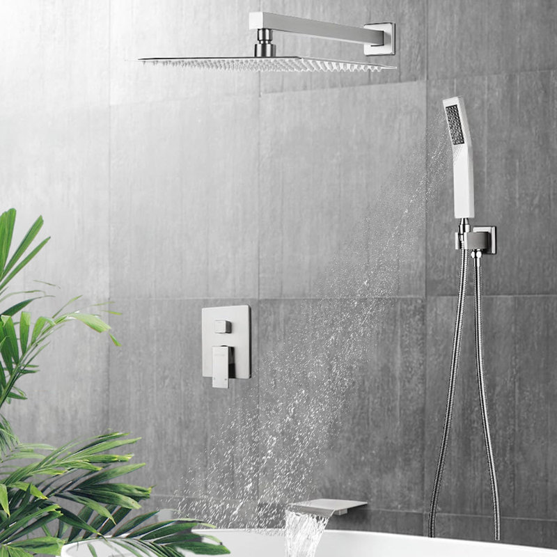 Ensemble de robinet de douche mural, pomme de douche à pluie 10 pouces, douchette, bec de baignoire, Nickel brossé