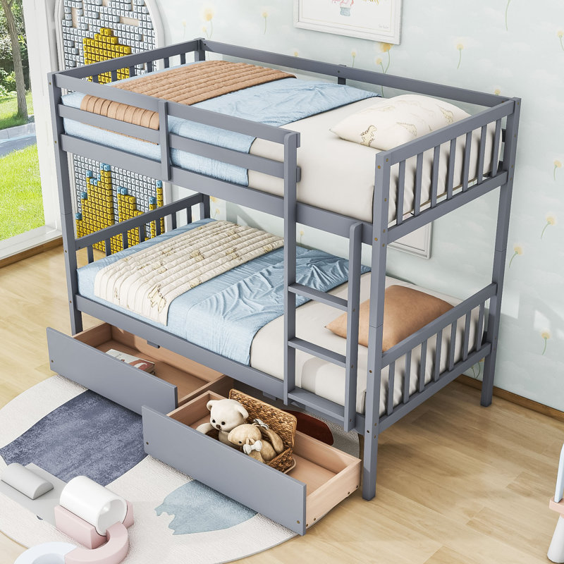 Lit superposé en bois 2 tiroirs avec échelle, gris, Simple sur simple