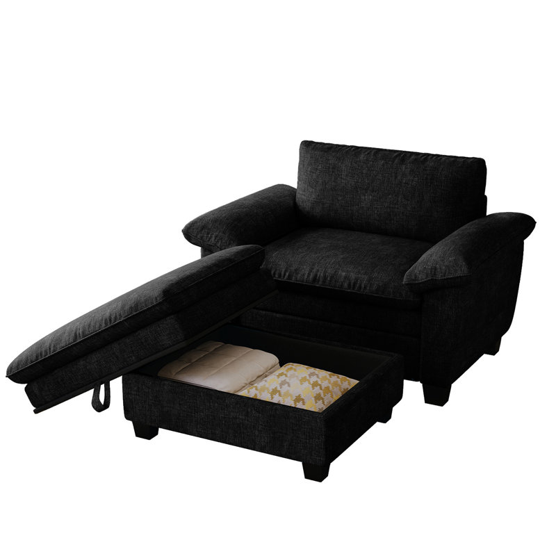 Méridienne de 51 po avec rangement et revêtement en chenille noire pour une chambre confortable