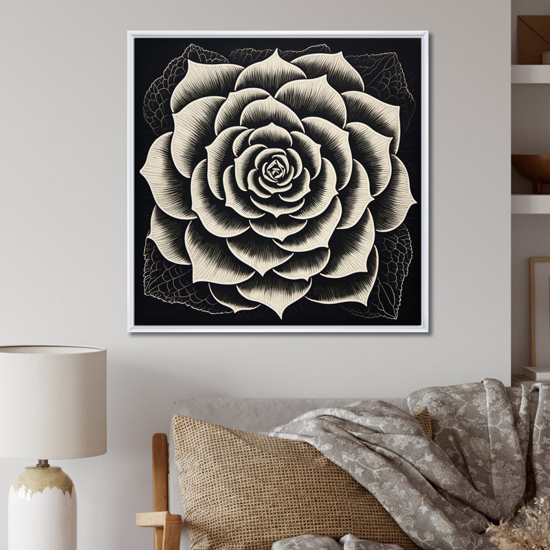 Minuscule plante grasse en noir et blanc, H 16 po x l 16 po x P 1 po, Cadre flottant blanc