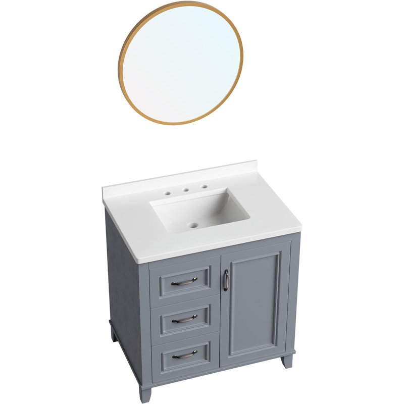 31" Black and Maple Engineered Stone Vanity Cabinet with Mirror