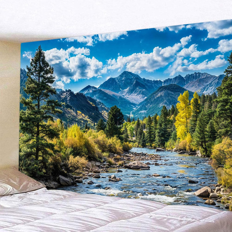 Nature, forêt, tapisserie, pin, tapisserie, pour la chambre à coucher, nuages esthétiques, rivière qui coule, paysage, salle de classe, tapisseries, suspension murale, salon, dortoir, bureau