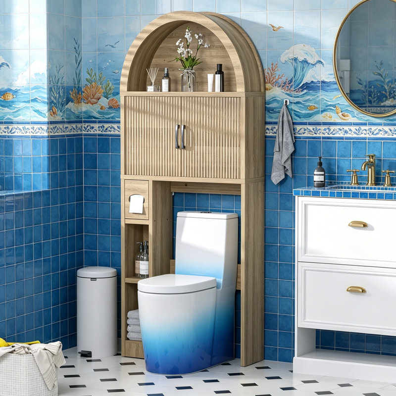 Over Toilet Storage Cabinet, Arched Doors, Adjustable Shelf, Natural