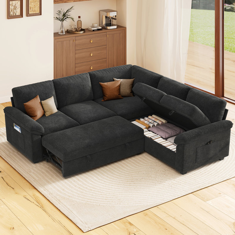 Canapé d'angle convertible Belrose 82 po en lin, noir, avec lit gigogne et rangement sous l'assise, Lin noir