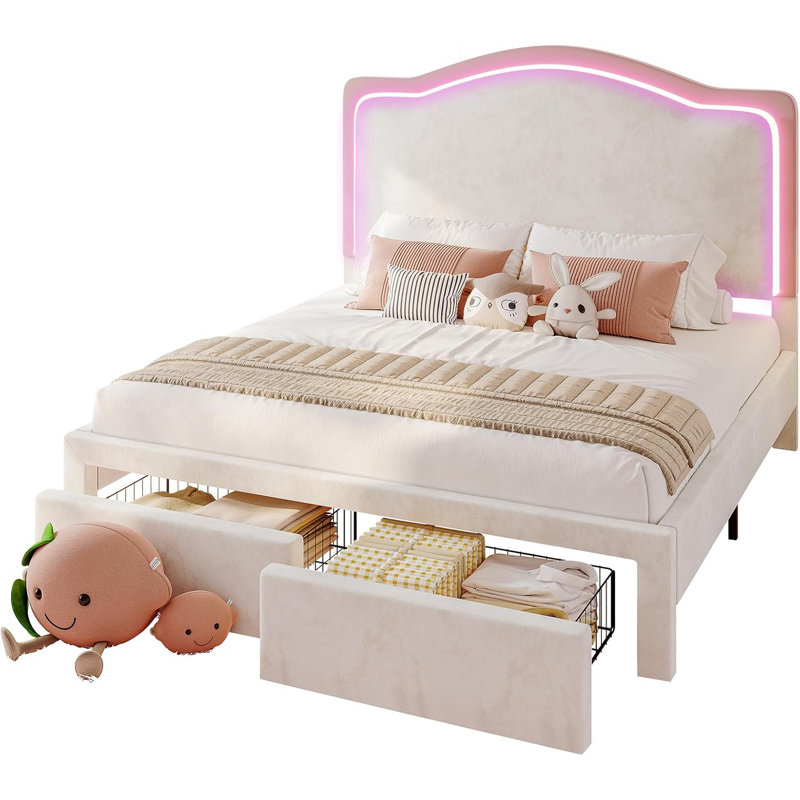 Cadres de lit à DEL Chaille avec tiroir de rangement, lit plateforme tapissier avec tête de lit réglable, Double, White/Pink