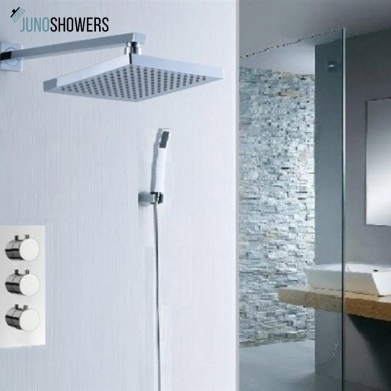 Polished chrome shower system with rainfall showerhead and adjustable handheld sprayer combo