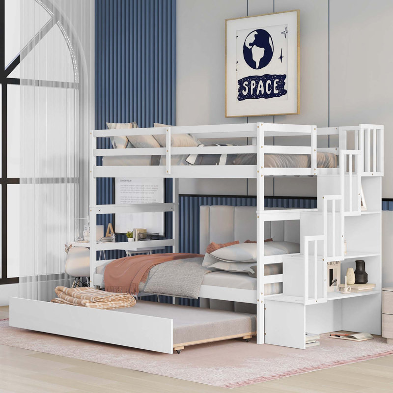 Lits simples superposés avec lit gigogne simple et fonction de rangement pour escalier