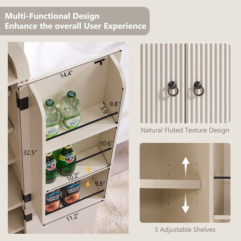  71" Tall Modern Arched Bathroom Storage Cabinet, Fluted Storage Cabinet w/3 Adjustable Shelves, 6 Door Shelves, Cream