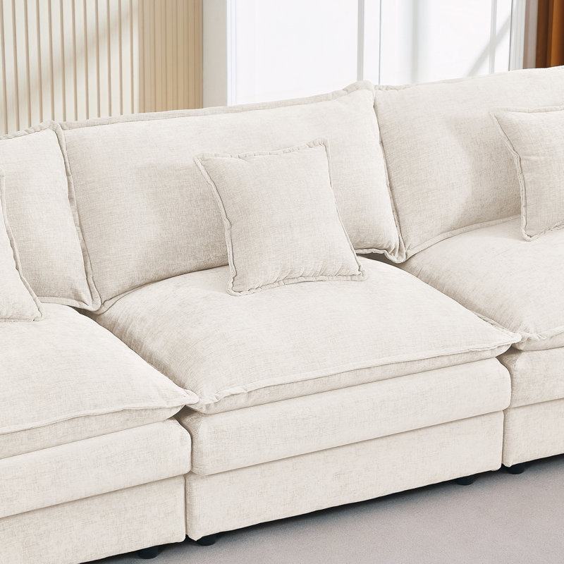 3-Seater Comfy Cloud Couches with Movable Ottoman, Beige