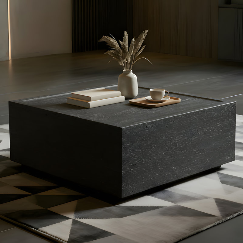 28" Square Natural Travertine Stone Coffee Table for Indoor/Outdoor, Black Travertine