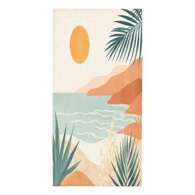 Serviette de plage à motif abstrait 1PCS, pour les vacances d'été, les fêtes et les jours de piscine, offrant une vue sereine sur l'océan avec un feuillage tropical sur les collines.