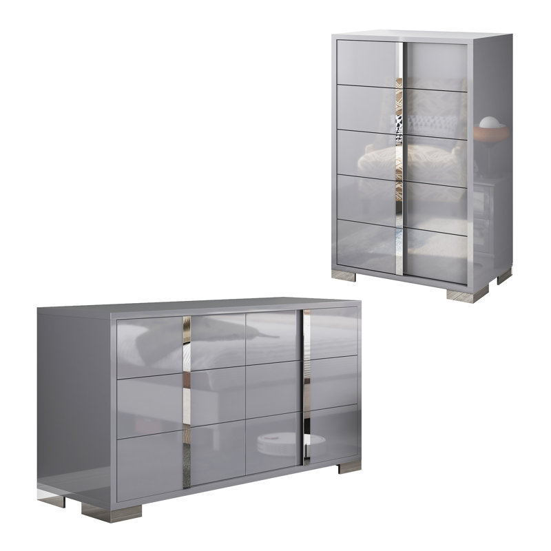 Dulane 2 Pieces Modern Highlgloss Bedroom Set, Gray, Gray